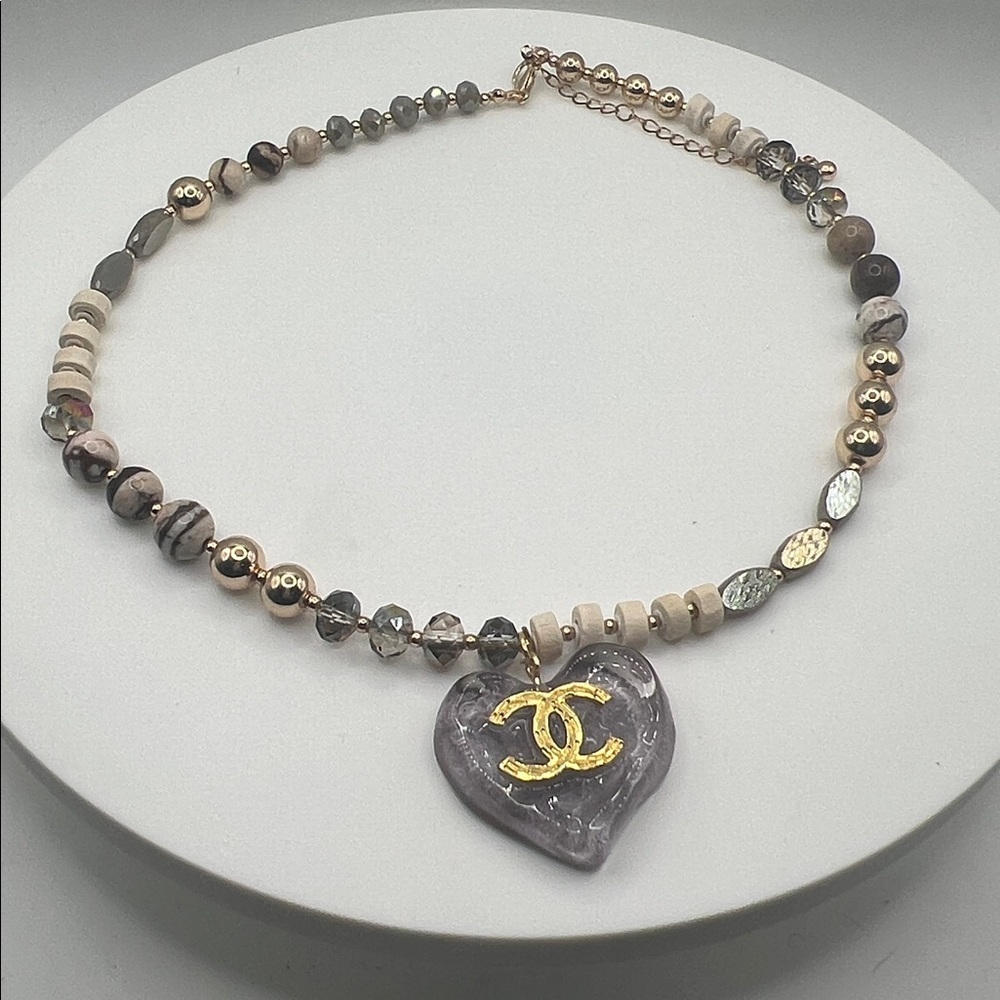 183. Purple Heart Charm Necklace with Gold and Cream Chain - Picture 2 of 5